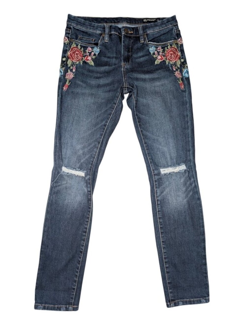 Blank NYC 6/28 Dark Blue Skinny Jeans Red Rose Embroidery Distressed Knees